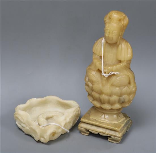 A Chinese soapstone figure of Guanyin and a brushwasher